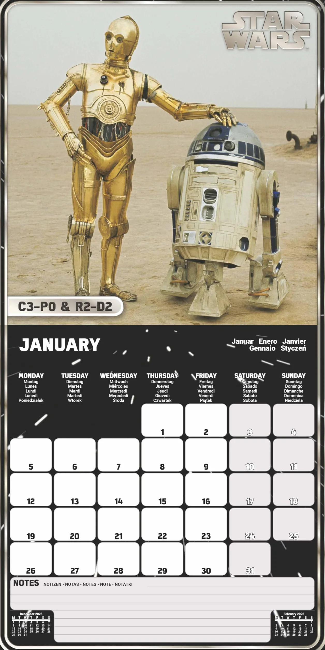 Calendario 2026 da parete starwars 30 x 30 cm