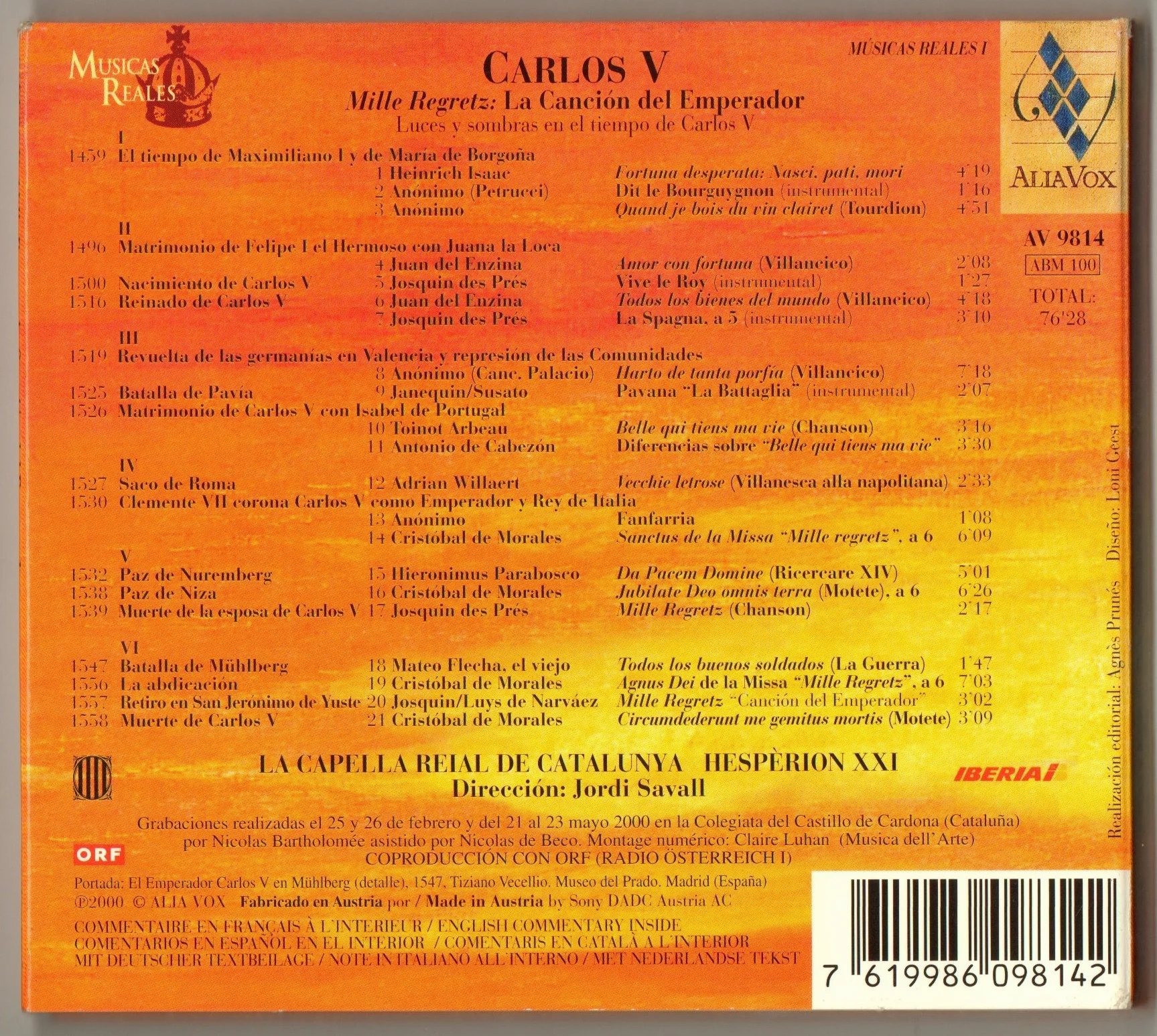 Carlos V Mille Regretz: La Cancion Del Emperador La Capella Reial