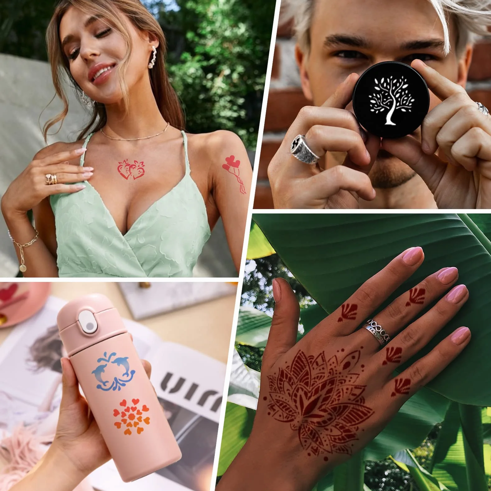 Szablony do tatuażu tymczasowego 410+ brokatowych hennianych wzorów do tatuażu Na imprezę Halloweenową, 15 arkuszy