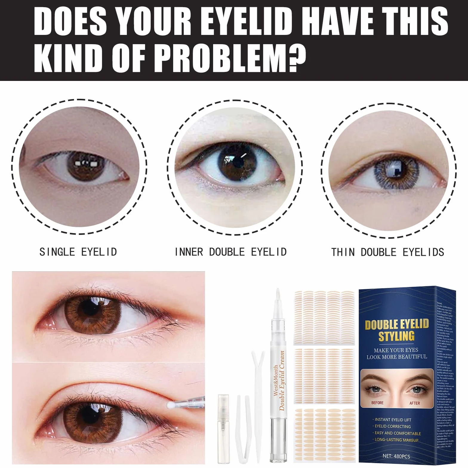 Podwójna taśma do powiek, podwójna taśma do powiek, niewidoczna taśma do powiek, eyelid glue, eyelid, idealna do Hooded, Droopy Eyelid, Uneven, Mono-powiek (480 sztuk)