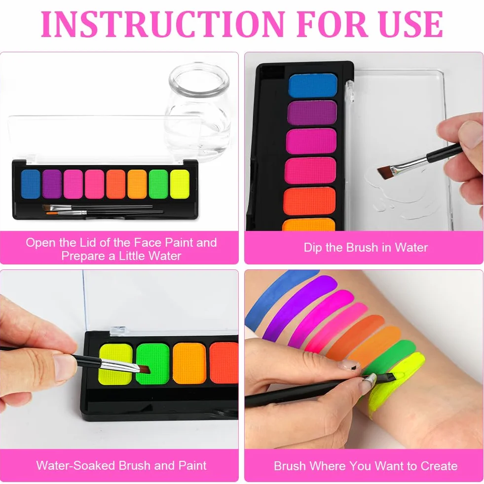 Neon zestaw do makijażu UV 8 kolorów farba do twarzy baza wodna paleta eyelinera Halloween karnawał
