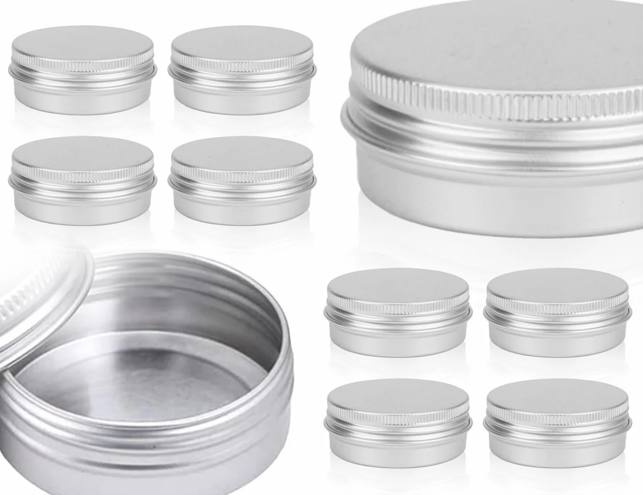 KAPSING 8 pustych pojemników aluminiowych, 30 ml, okrągłe, małe puszki, puste puszki z zakręcaną pokrywką, okrągłe, podróżne, słoiczki na krem, do kosmetyków, świec, balsamu, kremu