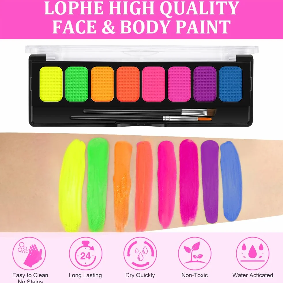 Neon zestaw do makijażu UV 8 kolorów farba do twarzy baza wodna paleta eyelinera Halloween karnawał