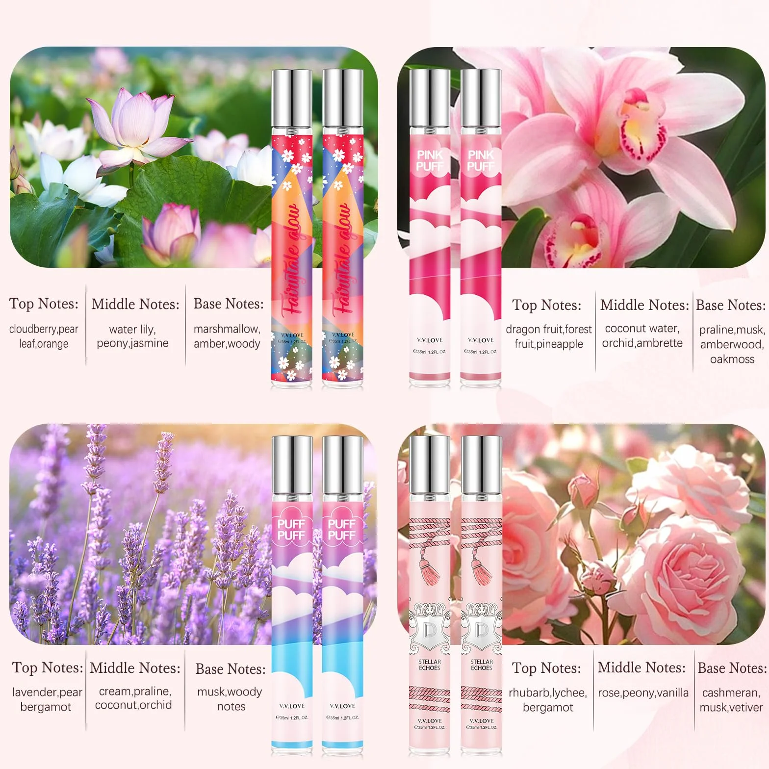 Perfumy premium na prezent dla kobiet – 8 x 35 ml mini zapachy damskie – o słodkim zapachu kwiatów i owoców, przyjazne w podróży, prezent dla niej, na Boże Narodzenie, urodziny, Walentynki
