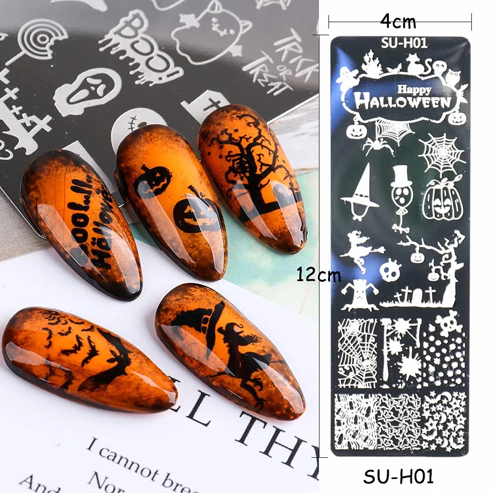Talerz do stemplowania na Halloween Nail Art - JMEOWIO 7 arkuszy dynia czaszka duch wiedźma obraz płytka paznokcia sztuka design zestaw stempli do manicure zestaw szablonów
