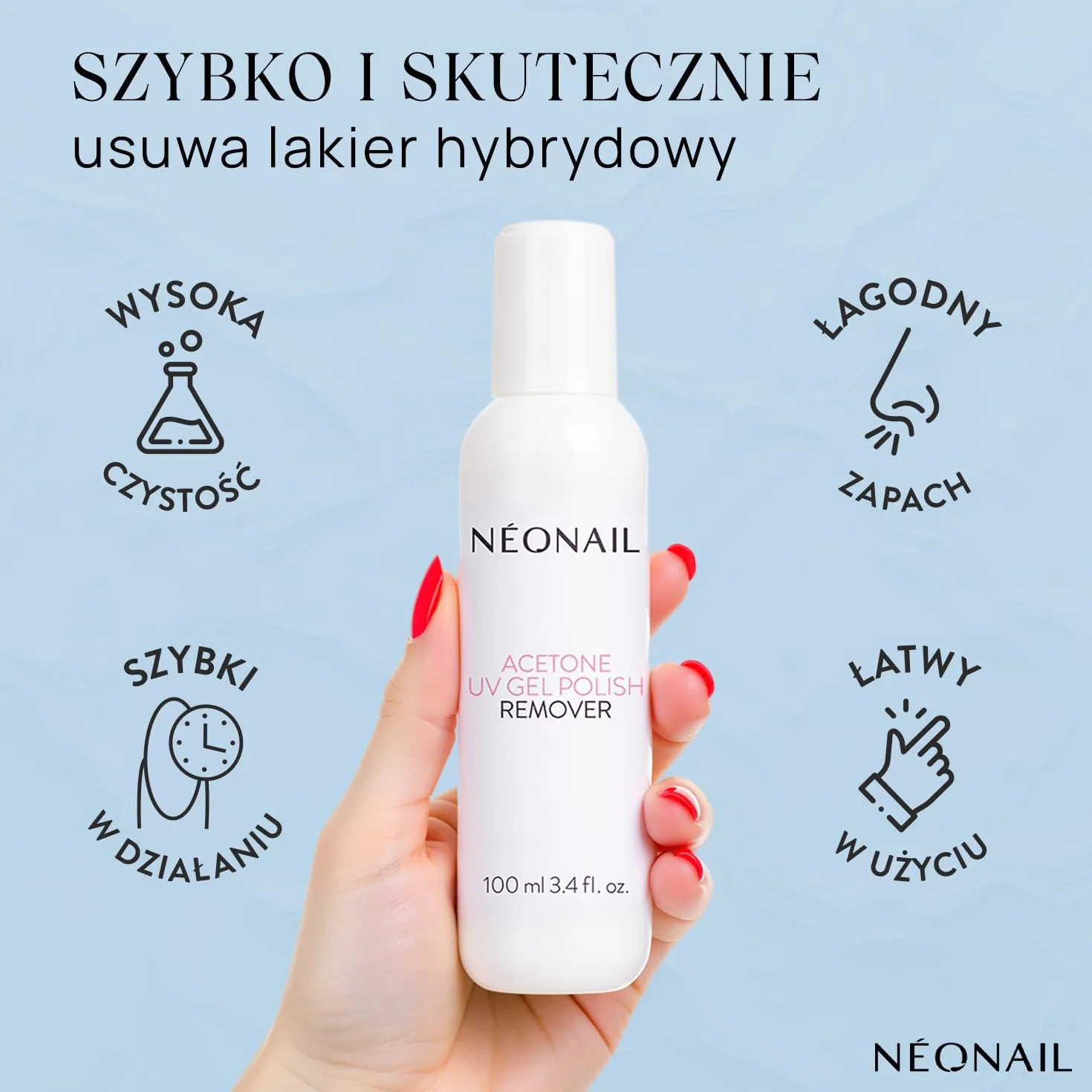 NÉONAIL Aceton Kosmetyczny - Acetone UV GEL Polish Remover - Zmywacz do Paznokci - Płyn do Usuwania Lakierów Hybrydowych - 100 ml