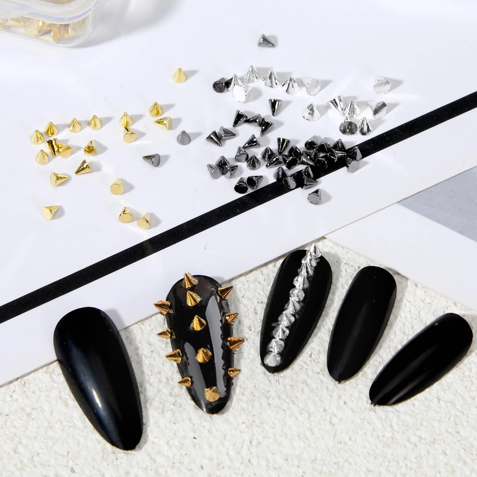 Tucnoeu 2 pudełka nity zawieszki do paznokci - Nail Charms złote srebrne czarne punkowe ozdoby do paznokci błyszczące kamienie akcesoria
