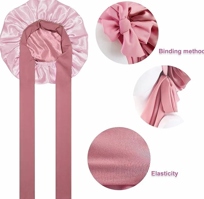 Satin Bonnet Night Sleep Cap, dwustronny jedwabny kaptur do spania, regulowana jedwabna czapka, jedwabne loki, oddychająca jedwabna czapka do spania dla kobiet, kręcone, długie włosy, różowa, Rosa, 60
