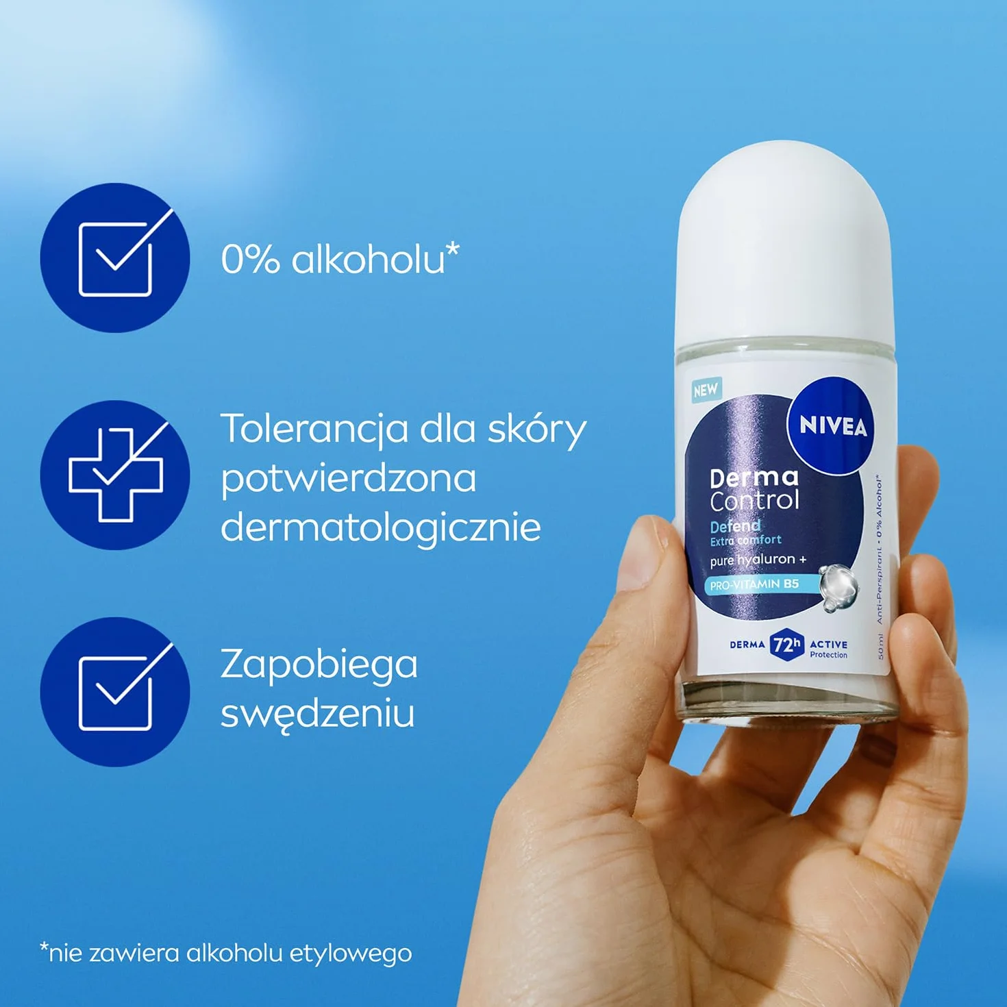 NIVEA Derma Control Defend Antyperspirant dla kobiet roll on - 72h ochrony z kwasem hialuronowym i prowitaminą B5, 50 ml