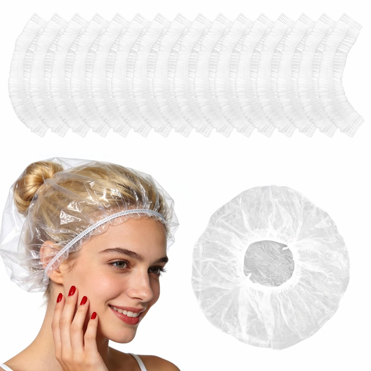100 sztuk czepków prysznicowych jednorazowych dla kobiet i mężczyzn, 42 cm, gruba przezroczyste elastyczna wodoszczelna czepki do włosów, do salonu, spa, hotelu, prysznic, użytku domowego