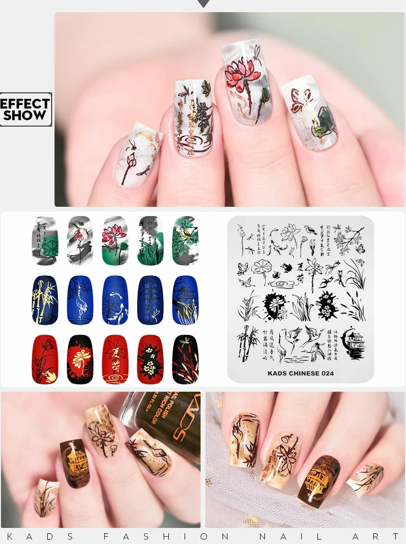 KADS Płyta do stemplowania paznokci chiński styl szablon stempla do zdobienia paznokci bambus lotos DIY szablon obrazu Manicure płyta stemplowanie szablon narzędzia (CN024)
