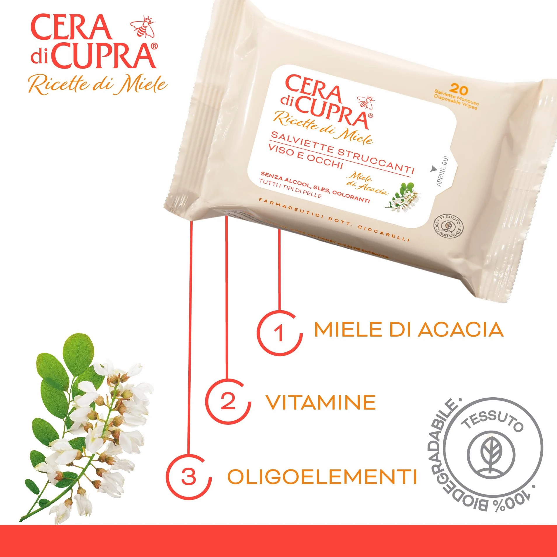Cera di Cupra Chusteczki do demakijażu twarzy i oczu, 180 g