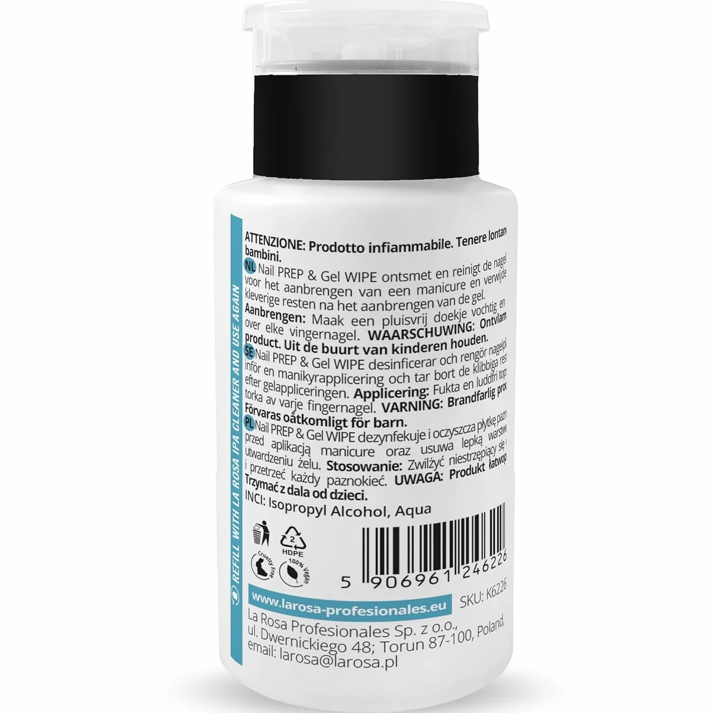 LaRosa IPA Cleaner do Paznokci 190 ml - Izopropanol IPA Odtłuszczacz do Paznokci - Wygodna butelka z pompką - NAIL PREP & GEL WIPE - Cleaner do Paznokci Żelowych