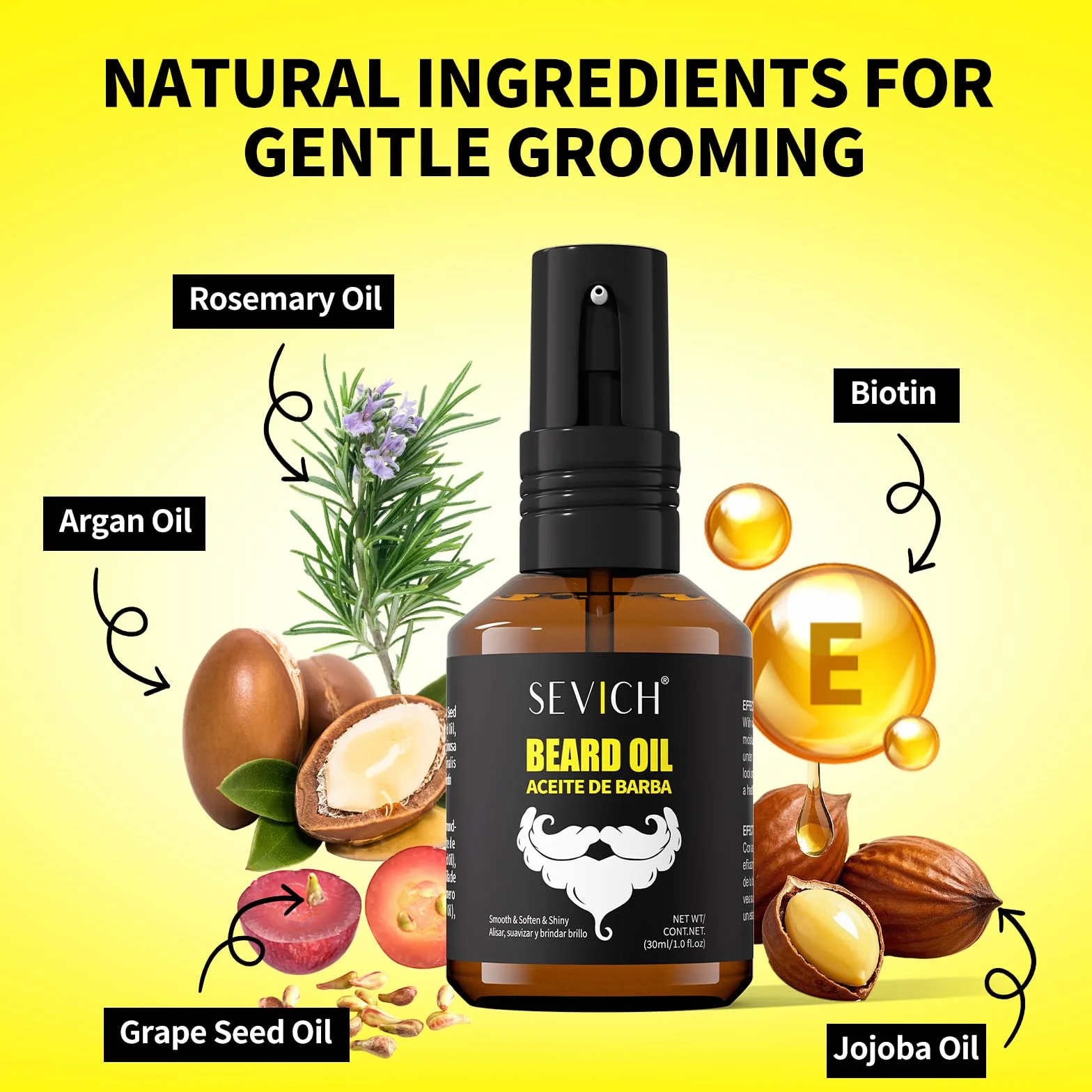 Sevich Męski olejek do brody 30 ml – naturalny olejek na porost brody z olejkiem arganowym i jojoba, zmiękcza suchą brodę, wzmacnia ją i nawilża ją, nie natłuszcza i szybko się wchłania.