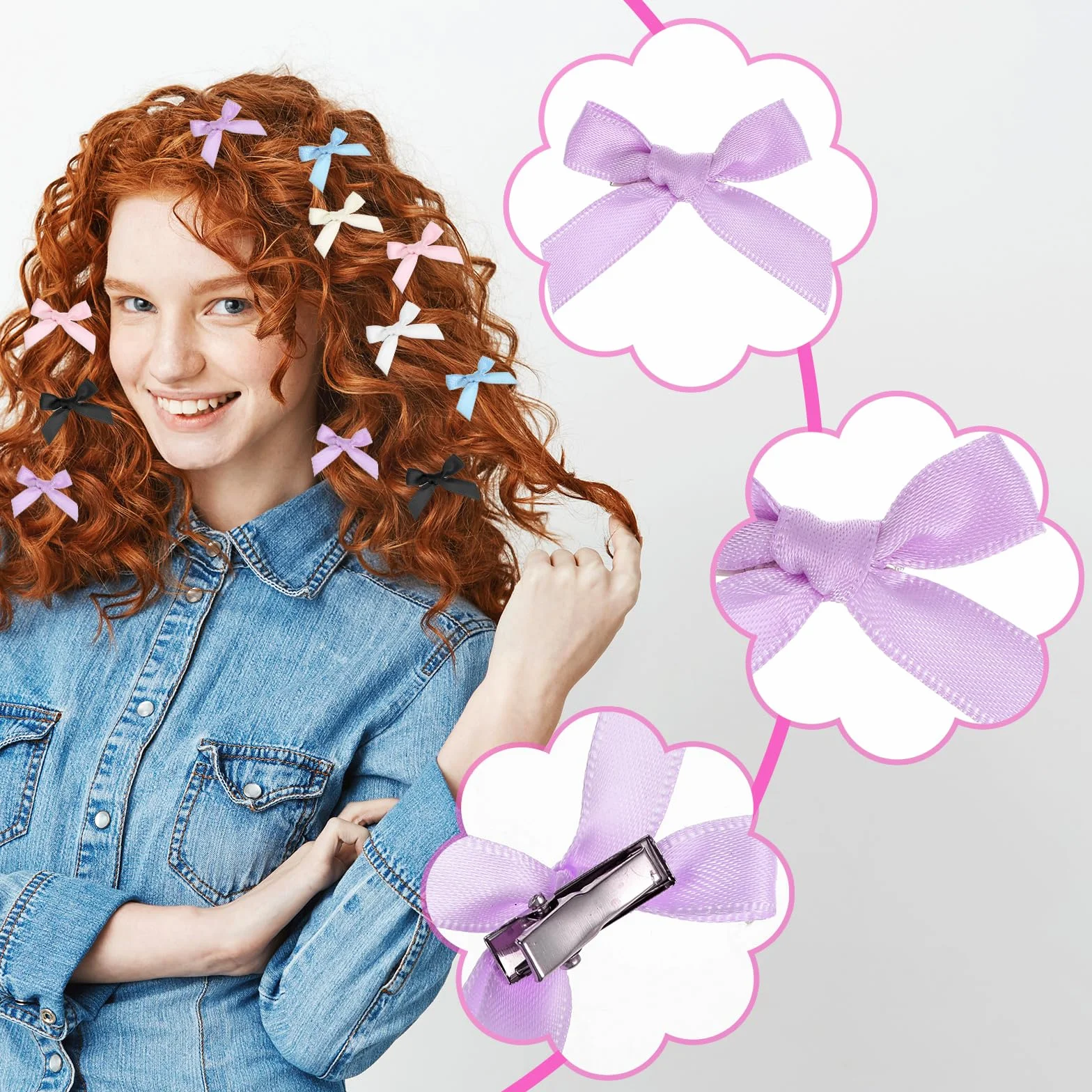 Zestaw 60 mini spinek do włosów z kokardkami, 6 kolorów małych spinek do włosów, akcesoriów do włosów z kokardkami do włosów, satynowych spinek do włosów do włosów dla kobiet i dziewcząt