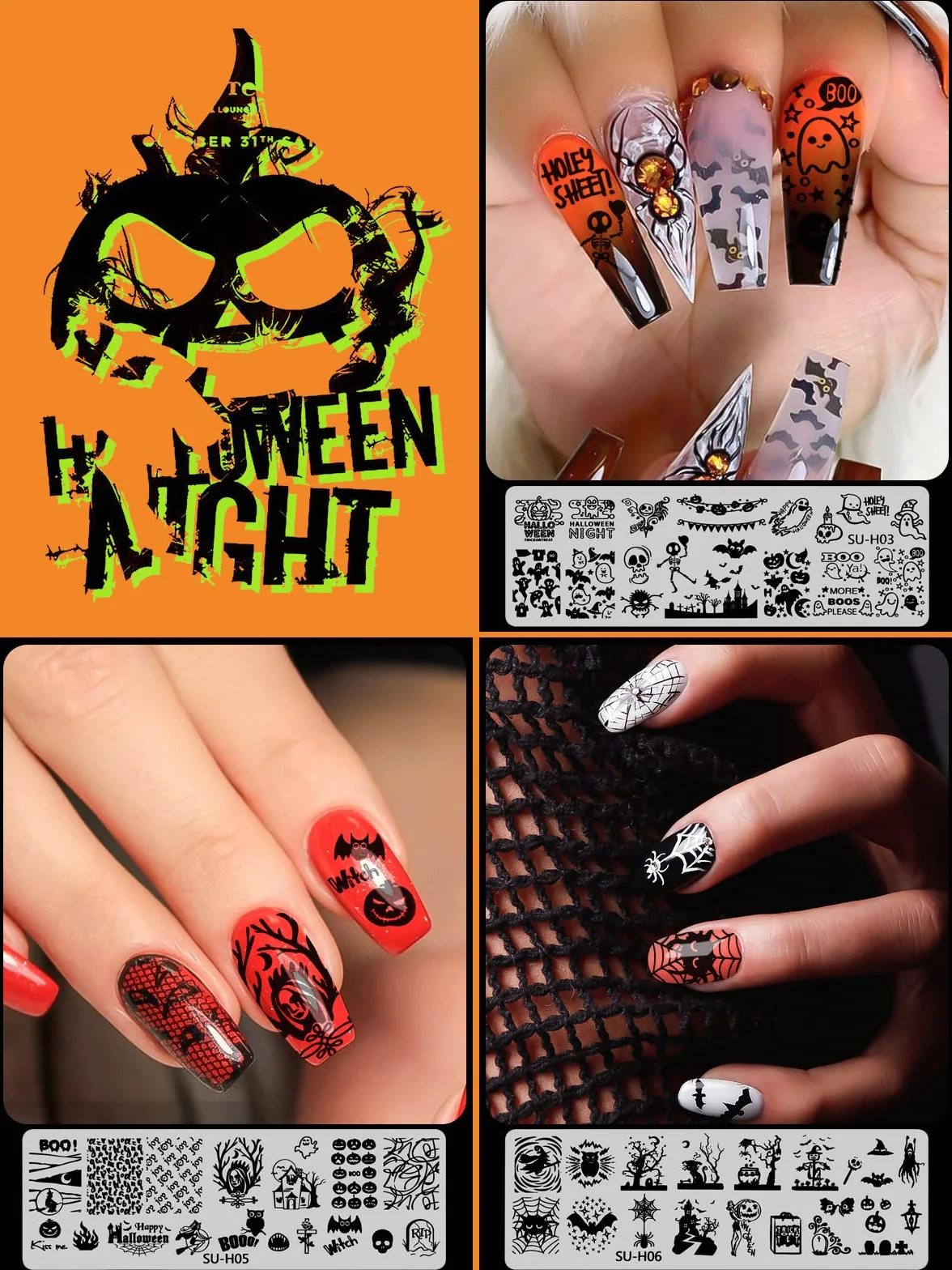 EBANKU 6 szablonów do stempli do paznokci, płytki do stemplowania paznokci, Halloween, czaszka ducha, pajęczyna, dynia, manicure, szablony do manicure, z 1 stemplem + 1 skrobakiem + 1 woreczkiem do