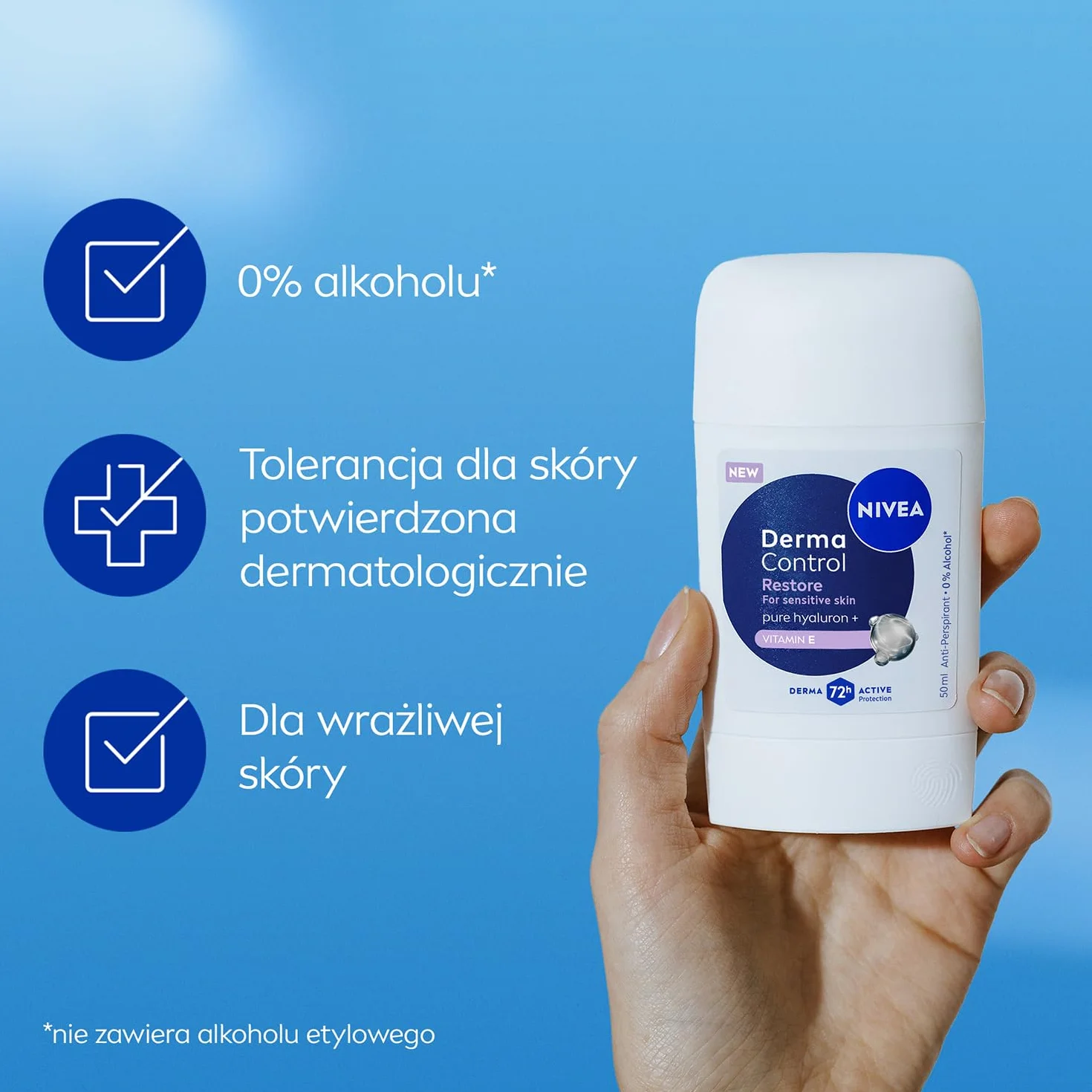 NIVEA Derma Control Restore Antyperspirant dla kobiet sztyft - 72h ochrony z kwasem hialuronowym i witaminą E, 50 ml