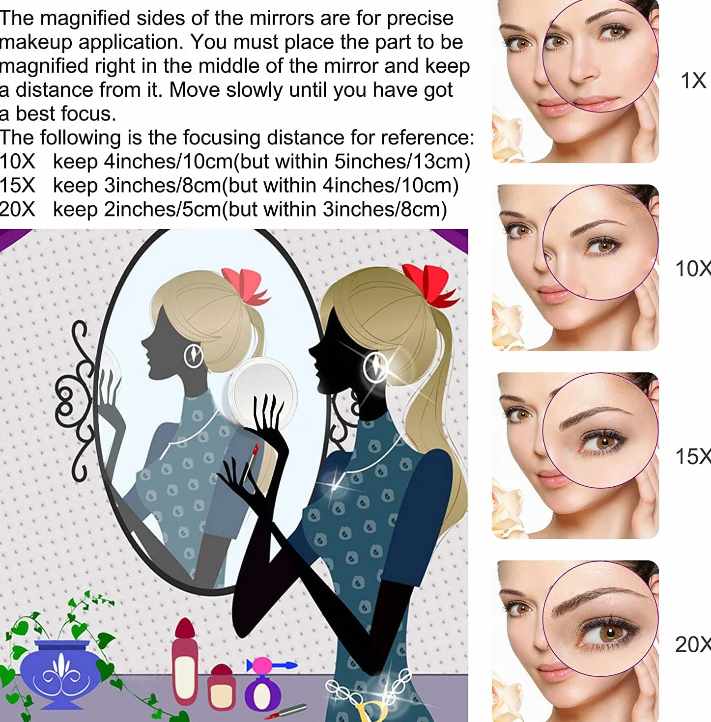 B Beauty Planet Dwustronne lusterko powiększające 15 cm powiększenie 20x 1x przenośne
