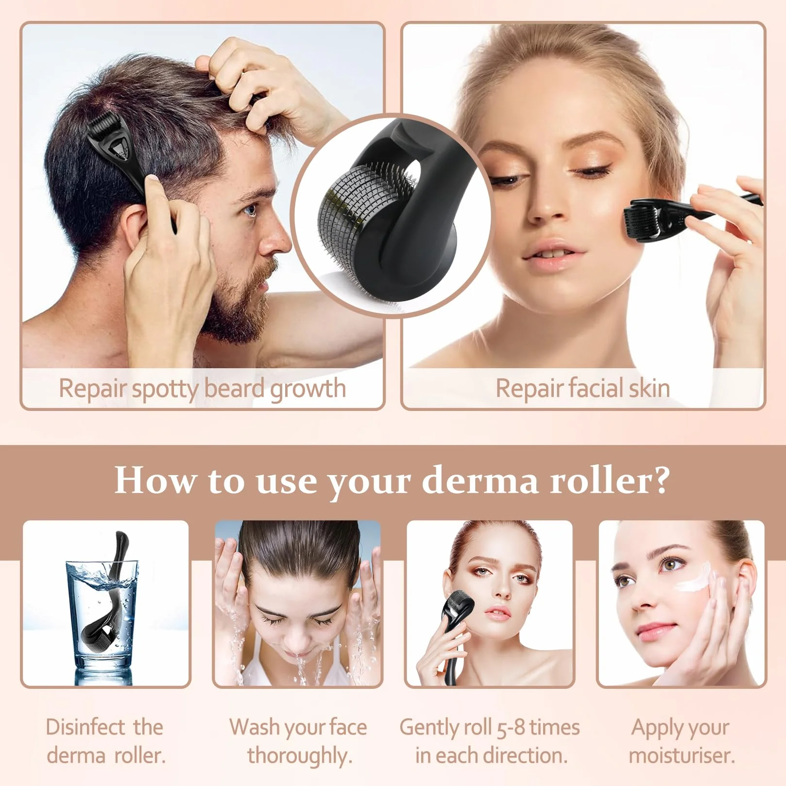Wałek do blizn Wałek do brody Derma roller Wałek do mikroigieł z 540 igłami Do wzrostu brody Pielęgnacja skóry twarzy Anti-Aging Przeciwzmarszczkowe usuwanie blizn