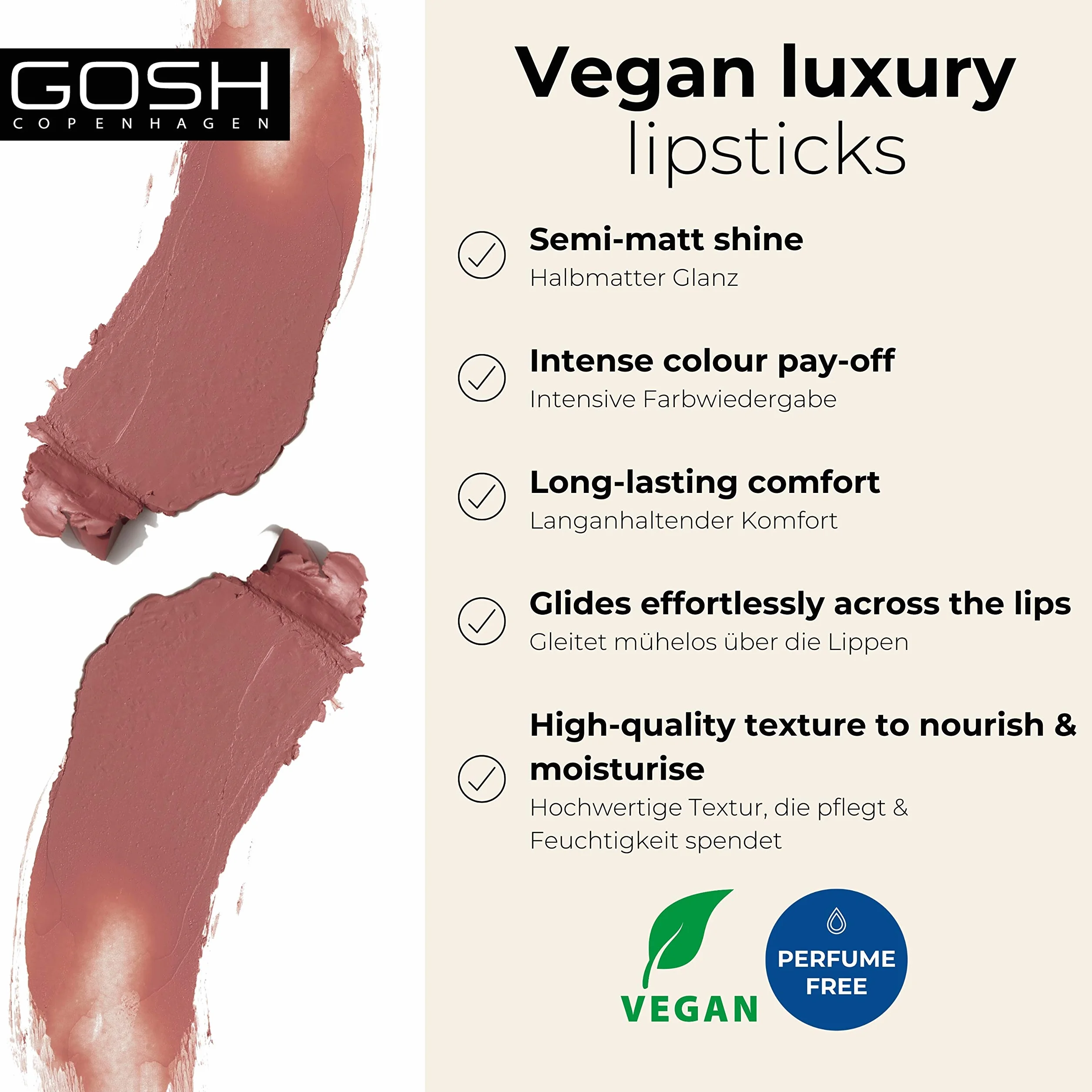GOSH Lipstick Luxury Nude Intense Shades Natural Lips Nawilżająca Szminka Trwała Wegańska 003