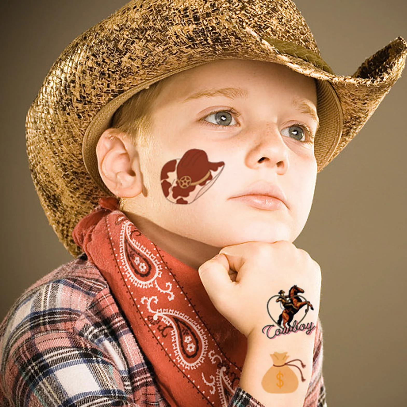 Qpout 10 arkuszy kowbojskie tymczasowe tatuaże zachodni koń czapki rodeo buty twarz sztuczne tatuaże, chłopcy kowboj rzemiosło westernowe przyjęcie tymczasowy tatuaż koń naklejka kowbojskie przyjęcie
