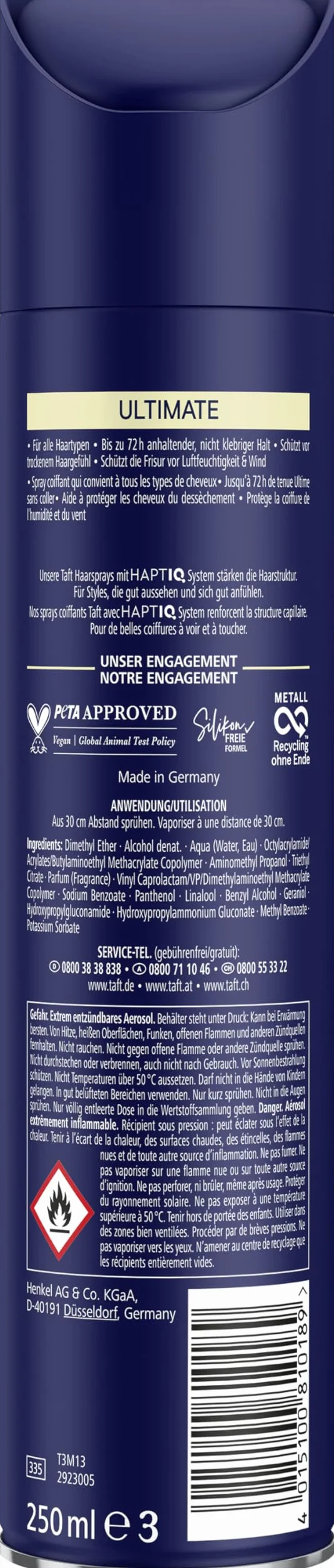 Schwarzkopf Taft Ultimate lakier do włosów (250 ml), trwałość 5+ + stylizacja włosów, lakier do wszystkich rodzajów włosów, najwyższa przyczepność i krystaliczny połysk, wegańska formuła