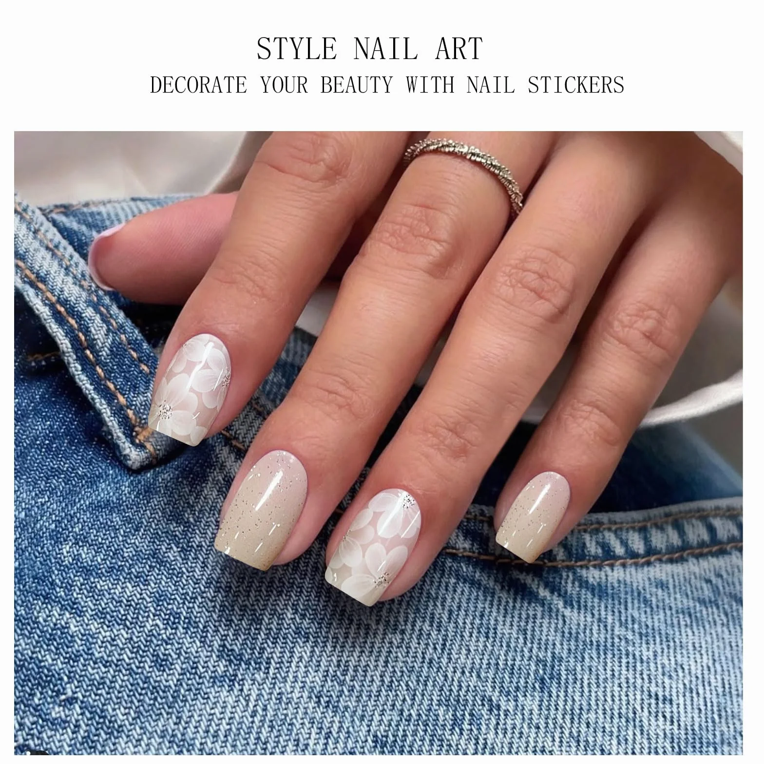 JMEOWIO Białe Kwiaty Glitter Folia do paznokci Żel UV Nail Art Naklejki Naklejki na paznokcie Selbst Sticking Nail Decoration
