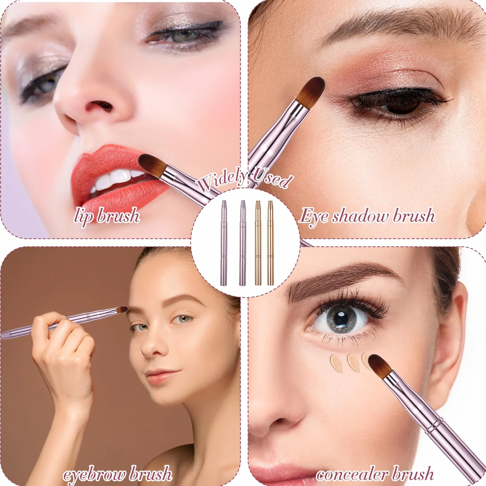 Qianyu Dwustronne chowane pędzle do makijażu ust do szminki, połysku, podróżne, szminka, połysk, pędzle do ust z nasadką, zestaw pędzli do cieni do powiek, 4 szt. (złote + różowe)