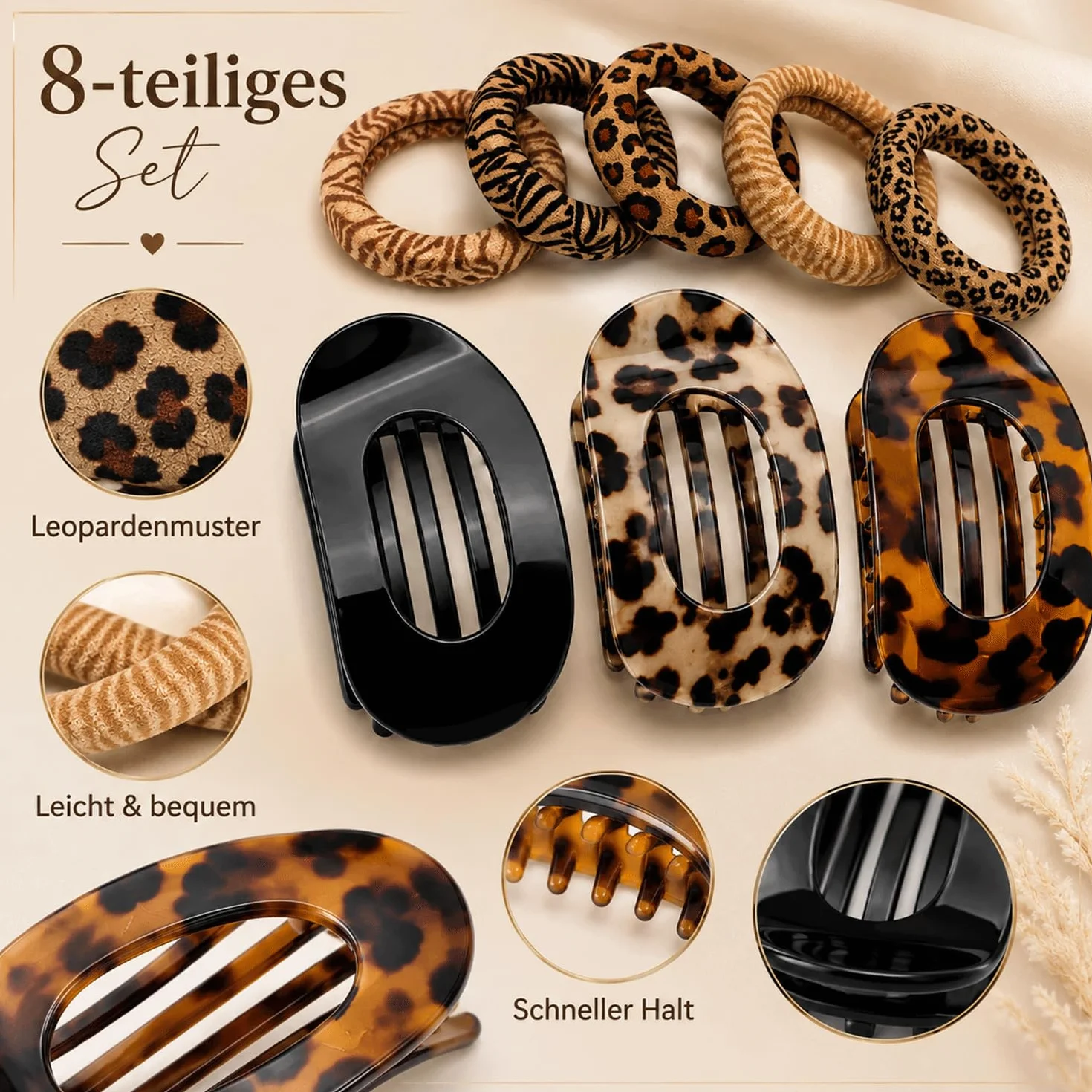 LEMONSTONE Leopard spinki do włosów zestaw 3 sztuki z 5 gumkami