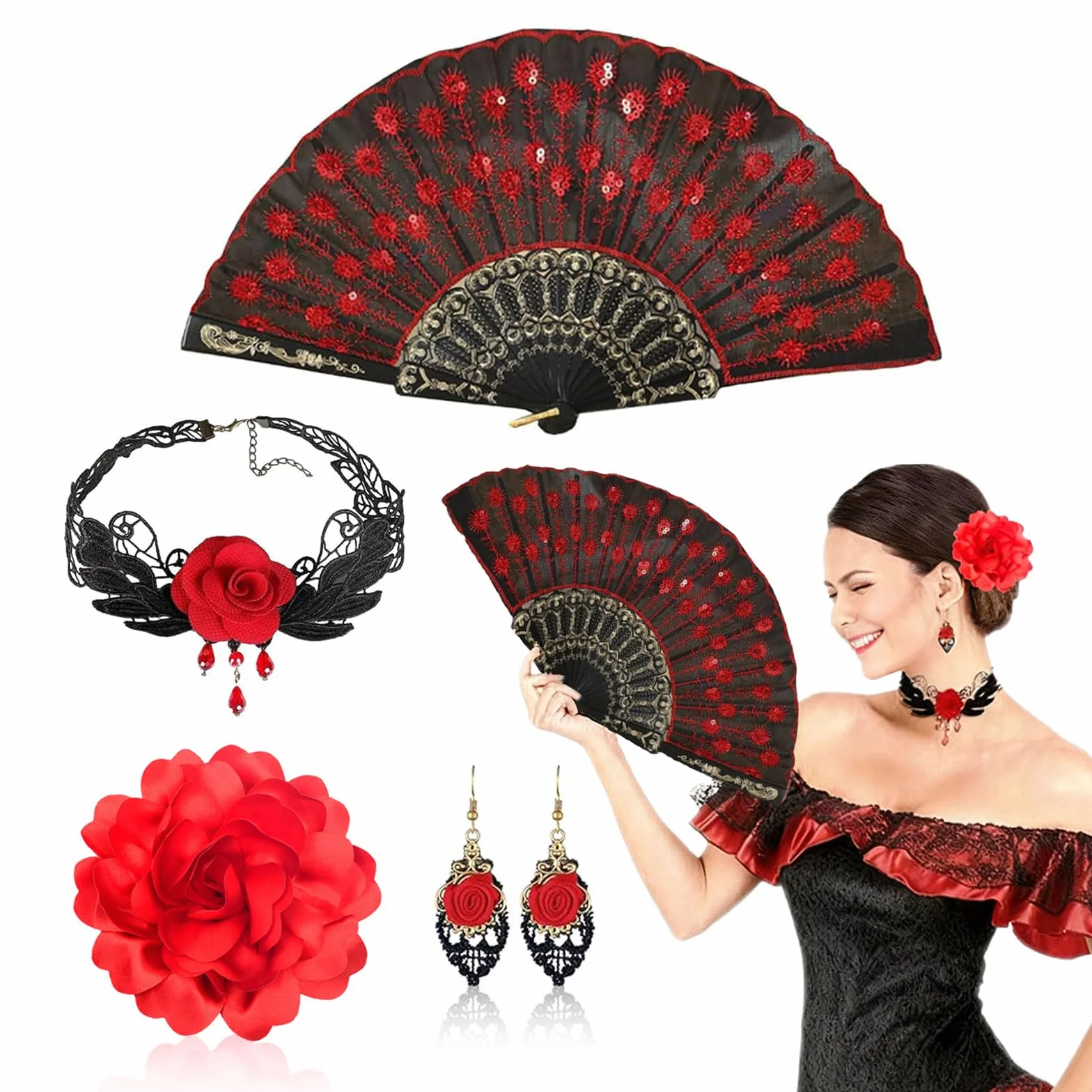 Haftowany wachlarz choker kolczyki kwiat róży spinka do włosów hiszpański kostium tancerki flamenco