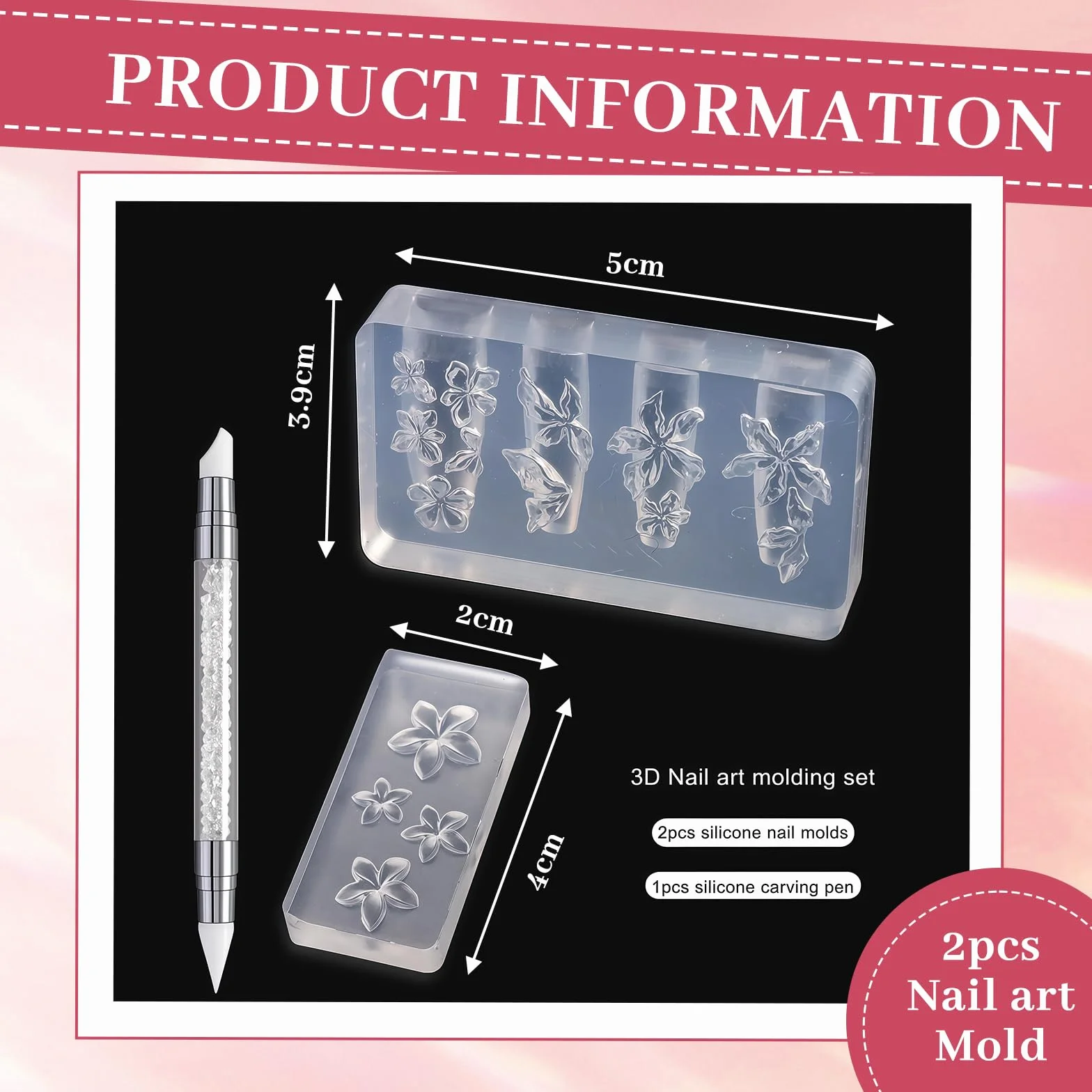 Nails Mold, 2 sztuki, zestaw do zdobienia paznokci z żelową formą do paznokci 3D, silikonową formą kwiatową, szablony do stempli, do paznokci