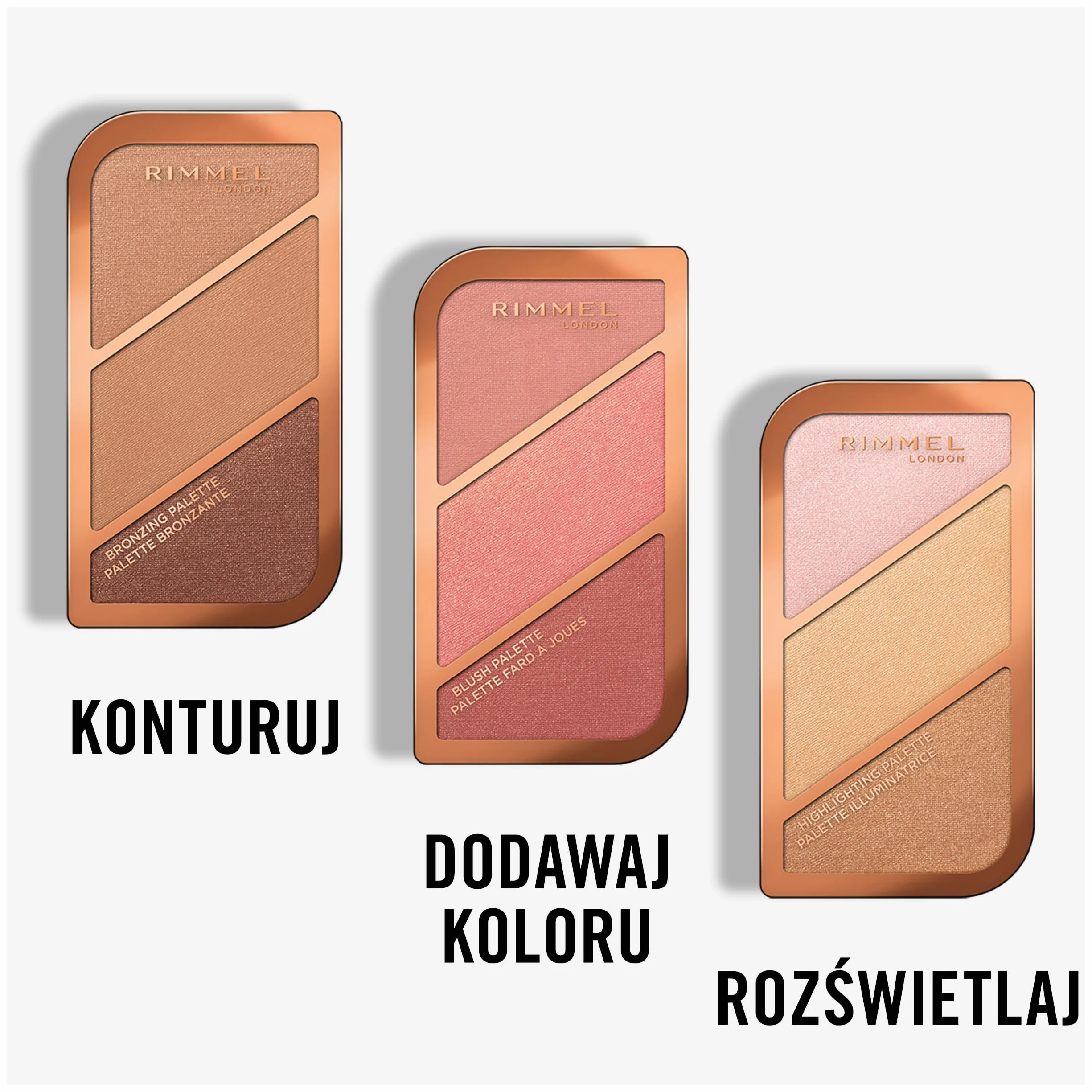 Rimmel rozświetlająca paletka do konturowania twarzy 3w1 nr 002 Coral Glow