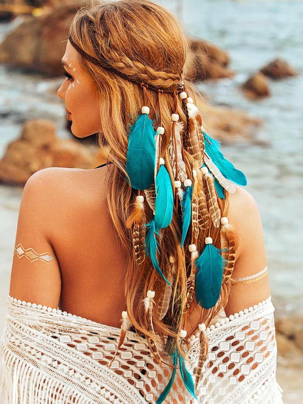 Zoestar Opaska na głowę w stylu boho z piórami, indiańska, plemienna, frędzle, hipisowskie nakrycie głowy, festiwal, kostium, akcesoria do włosów dla kobiet i dziewcząt