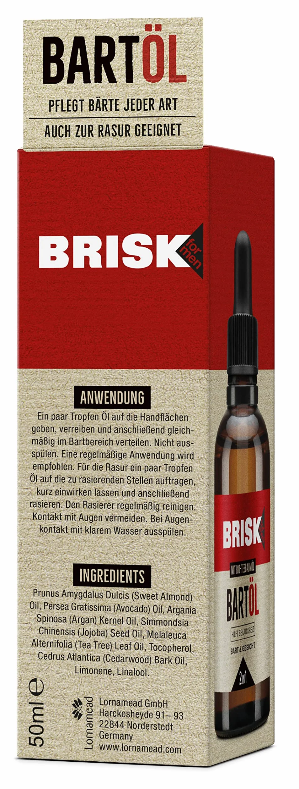 BRISK 2 w 1 olejek do brody dla mężczyzn, 50 ml, pielęgnacja brody z ekologicznym olejkiem z drzewa herbacianego, szybko się wchłania, do zadbanej skóry i miękkich włosów, nie natłuszcza, również do golenia, pielęgnacja twarzy dla mężczyzn