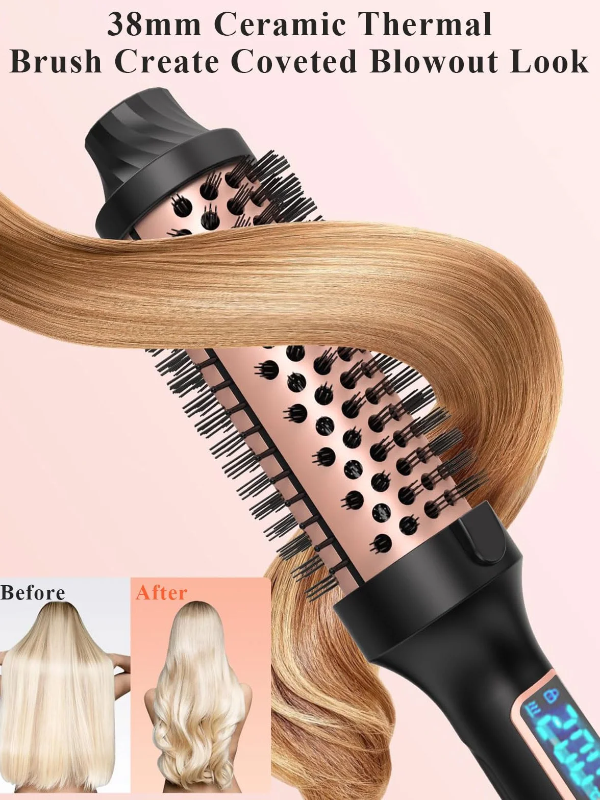 Thermal Brush – szczotka termiczna 38 mm do stylizacji salonu w 8 min | Lonicka szczotka do loków z wyświetlaczem LED do wszystkich rodzajów włosów do grzebienia, kręconych, gładkich, redukujących