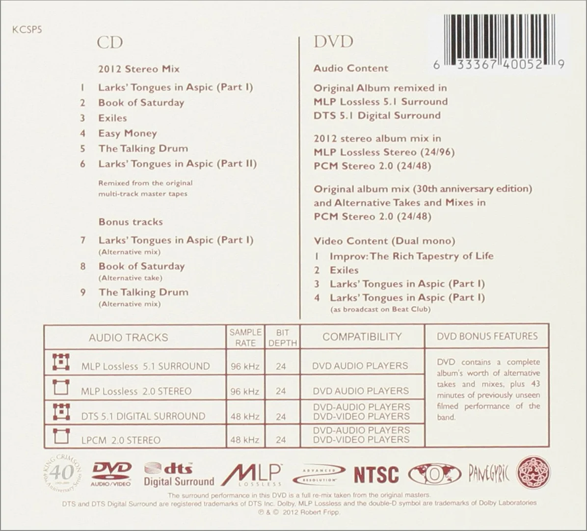 Larks' Tongues In Aspic [CD / DVD-A]