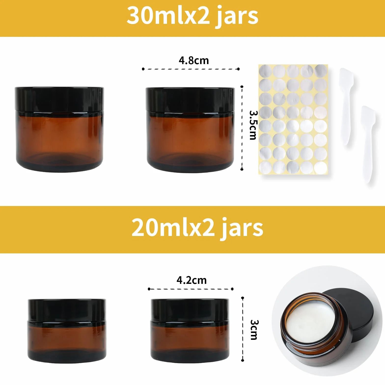 puste pojemniki na krem, szklane pojemniki, puste pojemniki z bursztynem, puste pojemniki z brązowego szkła, pojemniki do napełniania, brązowe pojemniki na maść 2 x 20 ml, 2 x 30 ml