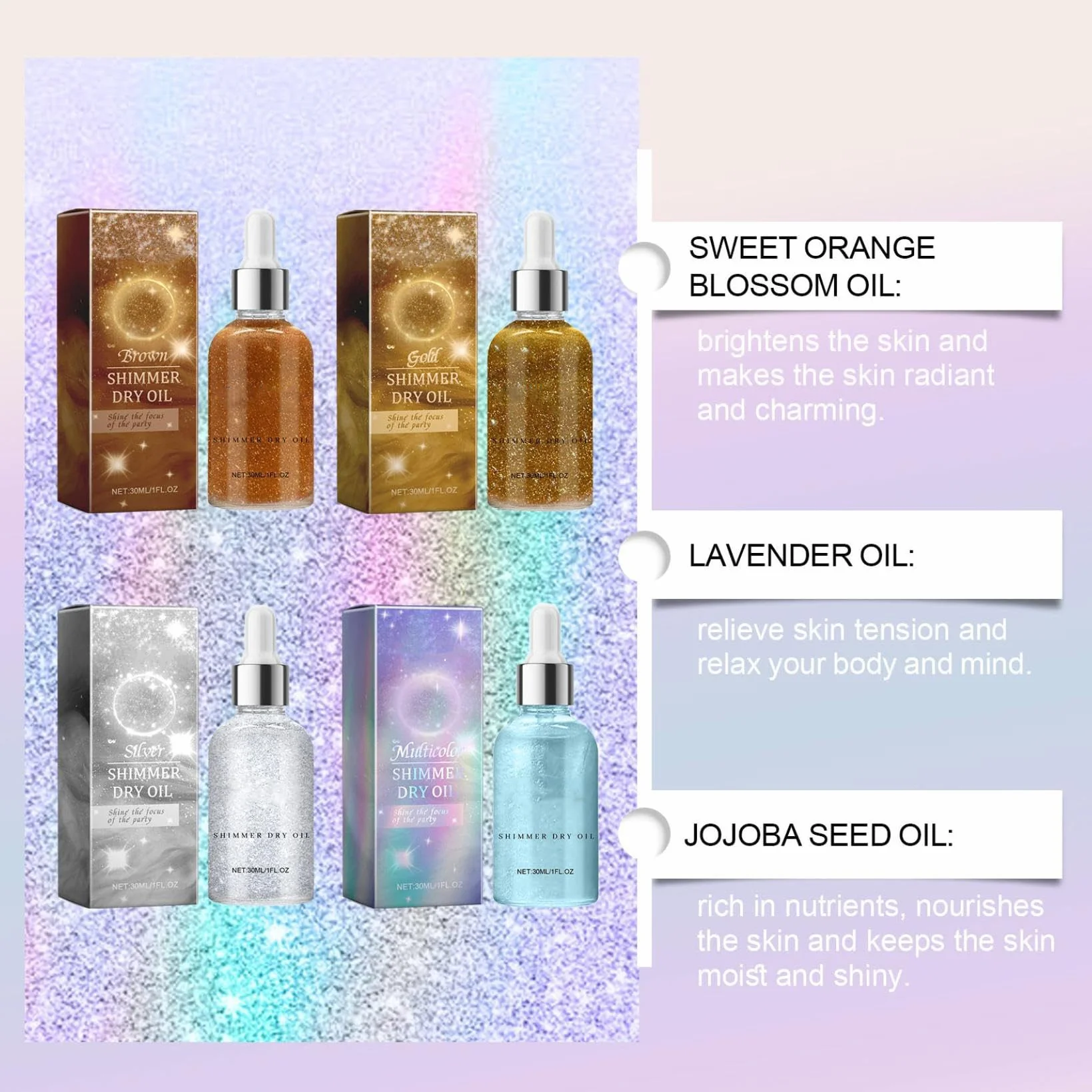 Orphic Shimmer Dry Oil, Orphic Body Shimmer, Opphic Body Glitter Oil, Glow Recipe, Shimmer Dry Oil Multicolor Waterproof, Long Last Glitter Powder for Festival Masquerade Birthday Makeup (D)