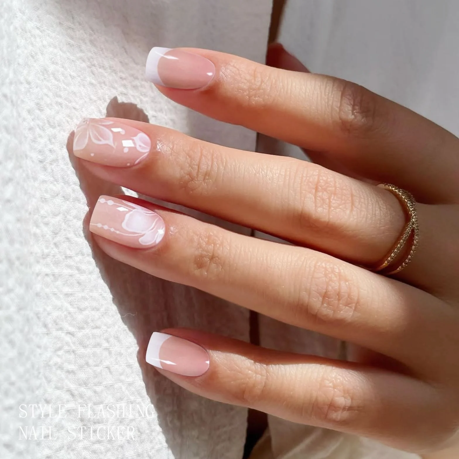 JMEOWIO Folia do paznokci French Tip białe kwiaty żelowe folie do paznokci samoprzylepne naklejki na paznokcie utwardzane UV dekoracja akcesoria do stylizacji paznokci