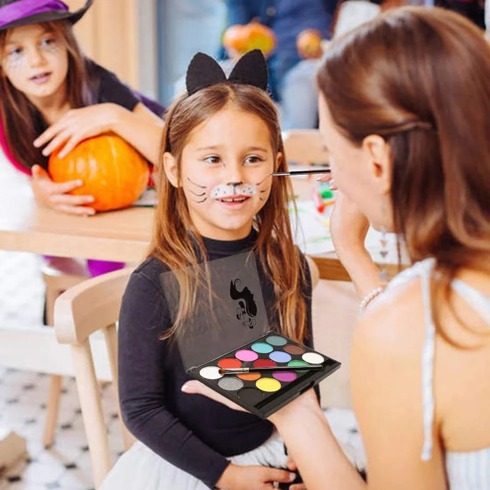 Zestaw do Makijażu dla Dzieci 15 Kolorów Paleta Farb Zmywalny Bezpieczny do Malowania Ciała z 2 Pędzlami Halloween