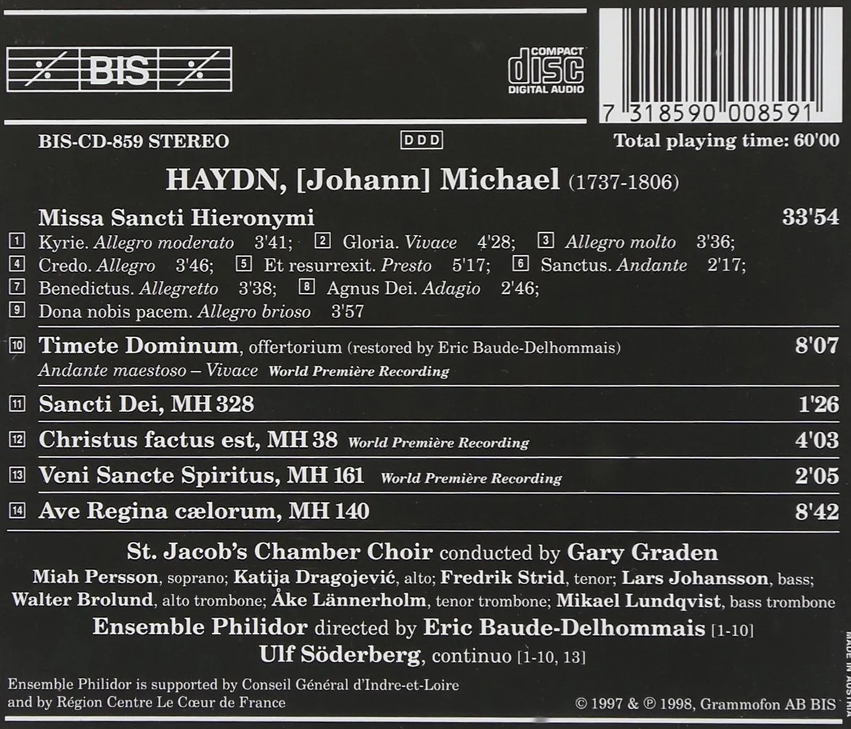 Michael Haydn: Sacred Choral Music - St. Jacob's Chamber Choir /