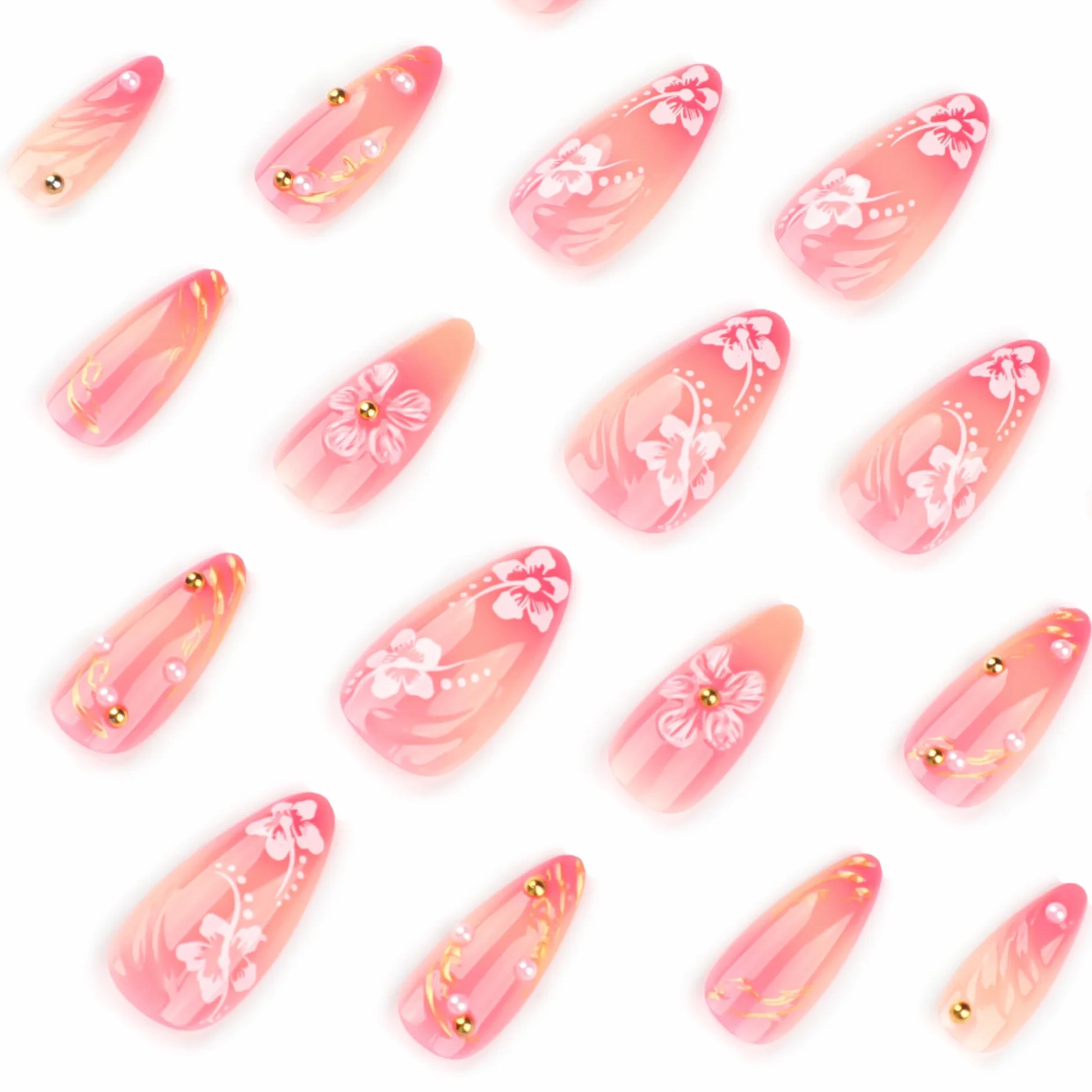 Press on Nails krótkie, migdałowy nude różowy airbrushing 3D kwiaty kwiatowy złoty pasek perła design migdał Y2k sztuczne paznokcie z żelem jelly, różowe kwiaty lato INS Sweet sztuczne