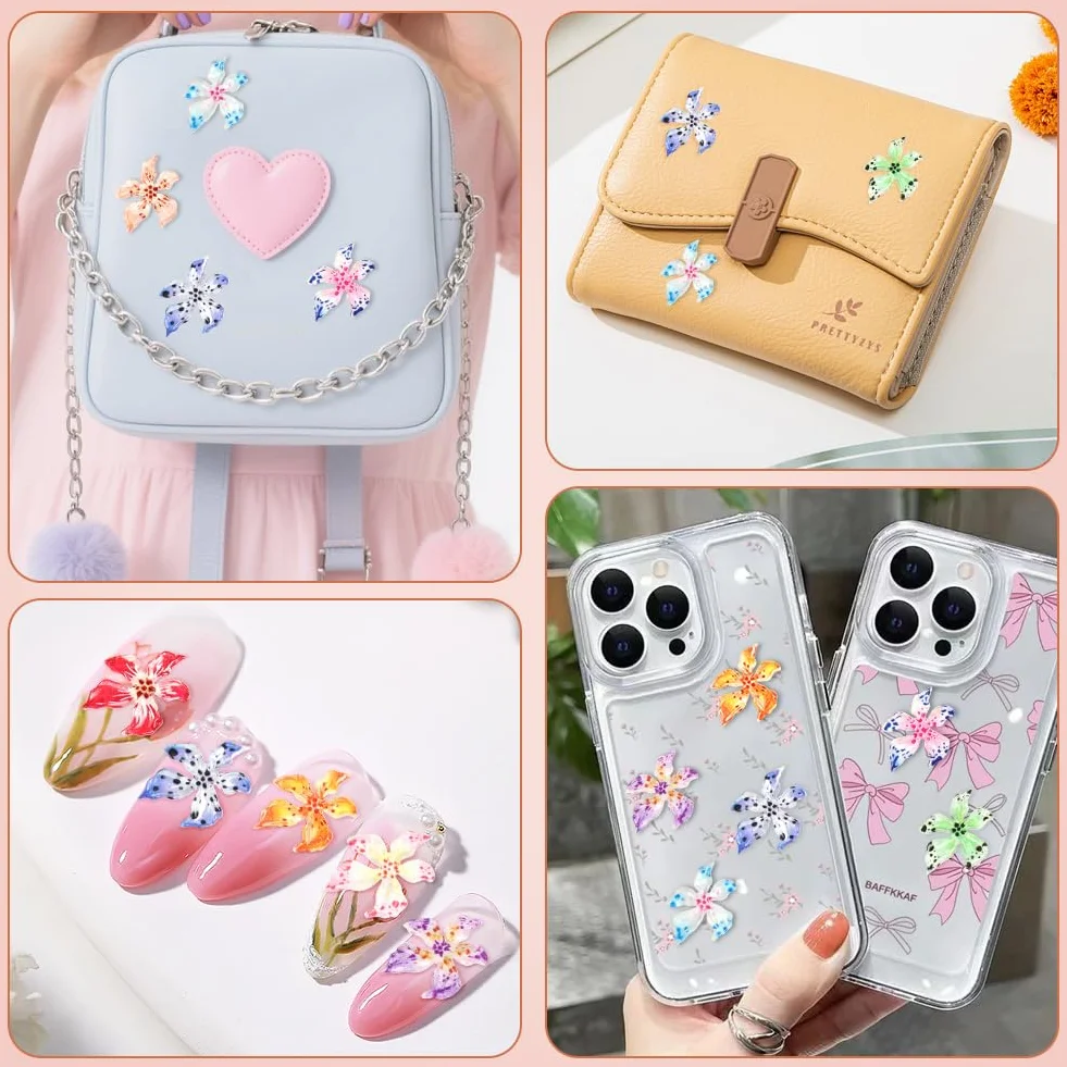 Vicloon Zestaw artystycznych zawieszek do paznokci 60 szt. kwiatowe 3D żywiczne stras DIY manicure