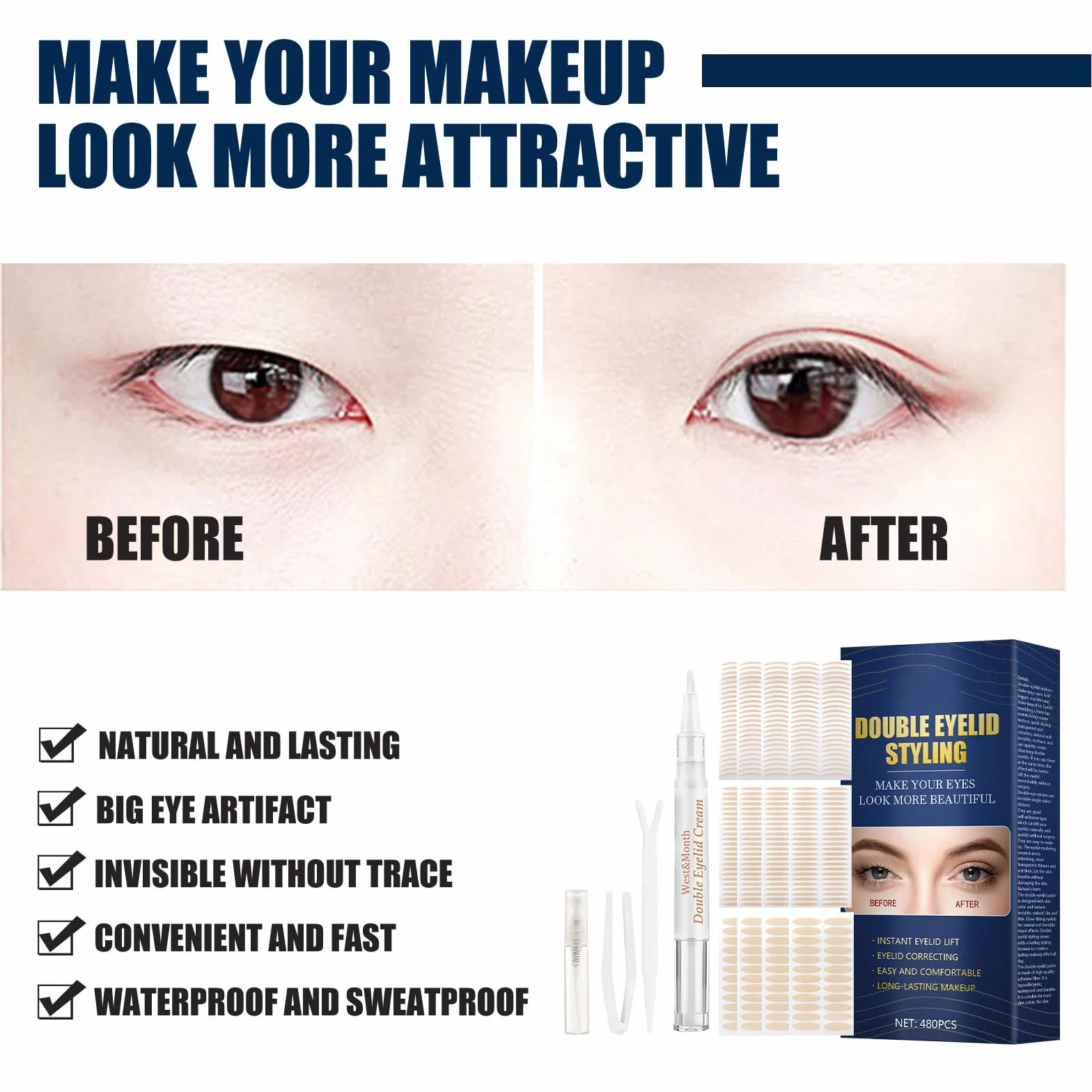 Podwójna taśma do powiek, podwójna taśma do powiek, niewidoczna taśma do powiek, eyelid glue, eyelid, idealna do Hooded, Droopy Eyelid, Uneven, Mono-powiek (480 sztuk)