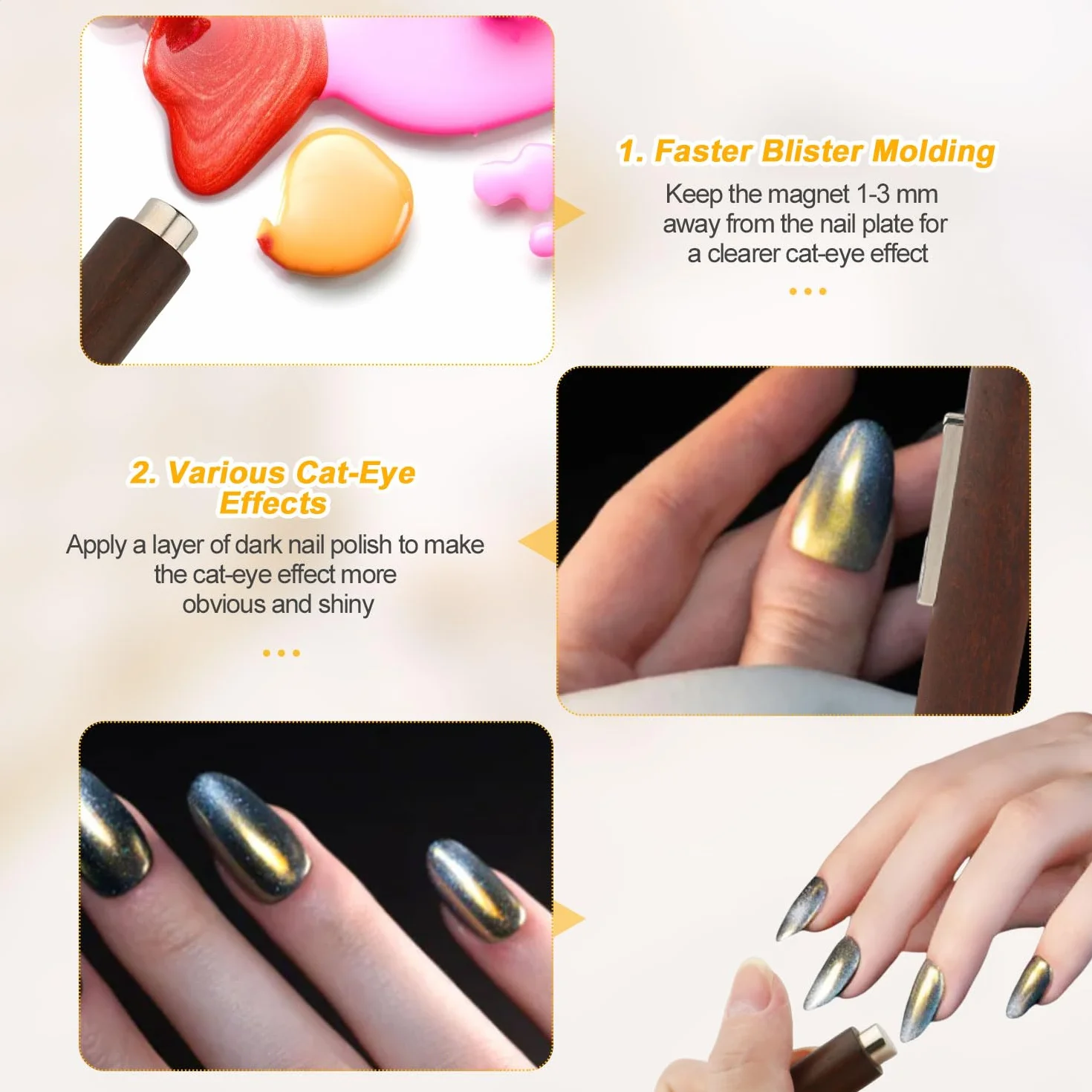 3w1 Magnes do Paznokci do Zelu Cat Eye, Wielofunkcyjny Narzedzie z Silnym Magnesem Idealny do Tworzenia Róznych Wzorów Cat Eye dla Poczatkujacych & Profesjonalistów (Brazowy)