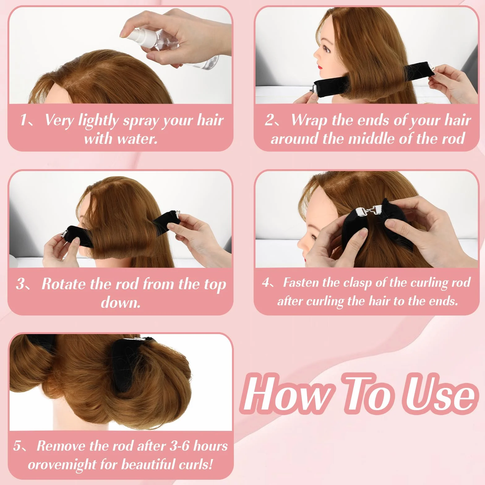 Abeillo Heatless Curls 3 sztuki loków bez wysokiej temperatury zestaw do samodzielnego wykonania loków na noc duża do długich i średnich włosów różowe