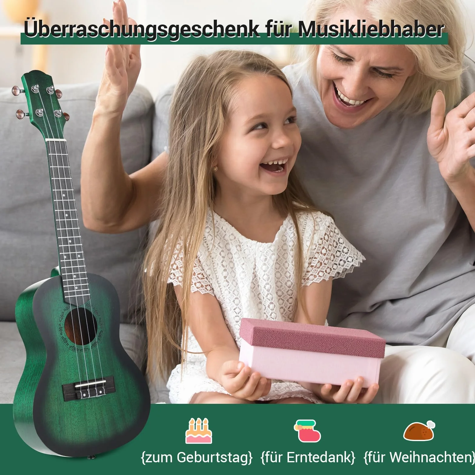 Ukulele Sopranowe dla Dzieci i Dorosłych - 21 Cali, Mahoniowe, Hawajskie - Ze Strunami, Paskiem, Kostkami, Gigbag - Mały Instrument Muzyczny