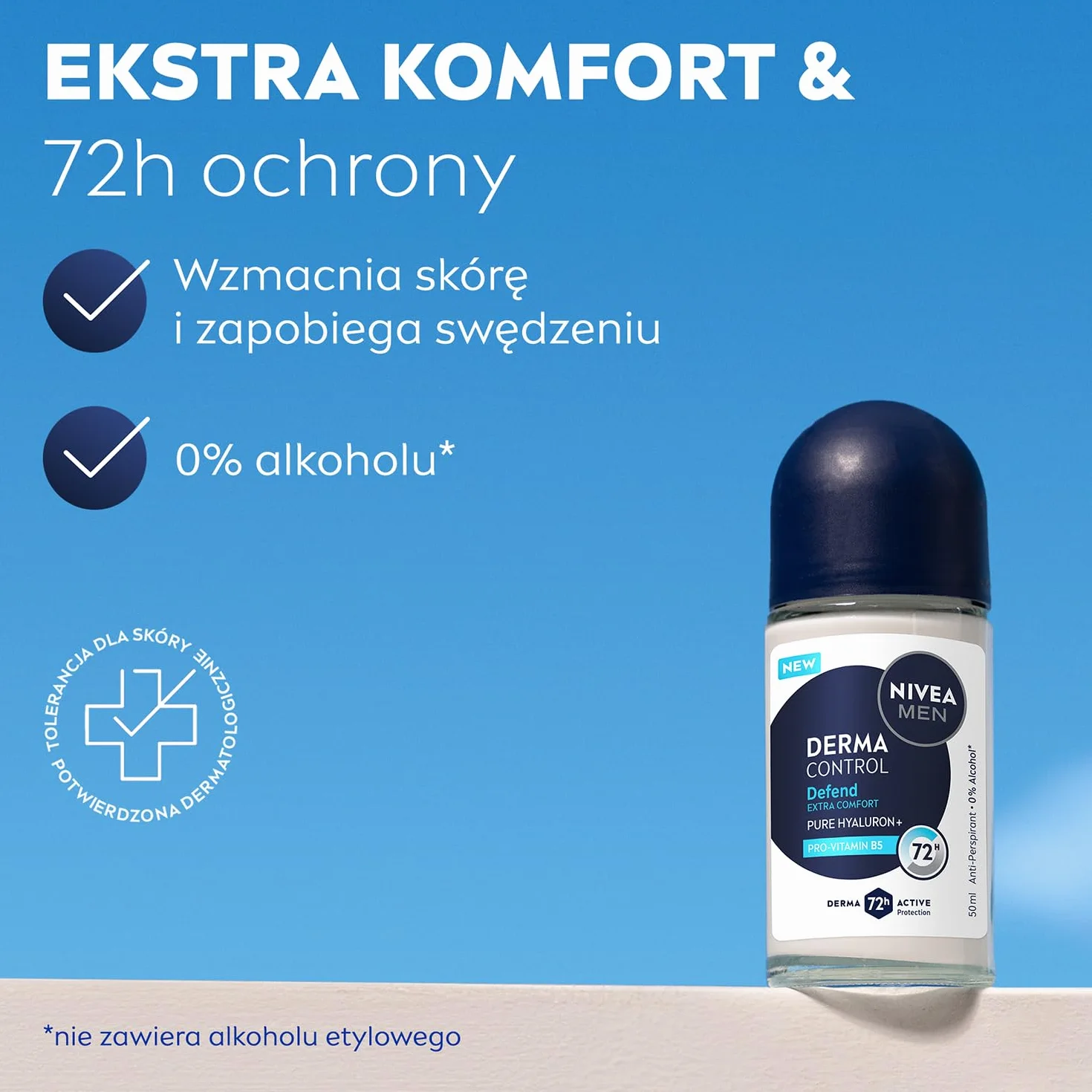 NIVEA MEN Derma Control Defend Antyperspirant dla mężczyzn roll on - 72h ochrony z kwasem hialuronowym i prowitaminą B5, 50 ml
