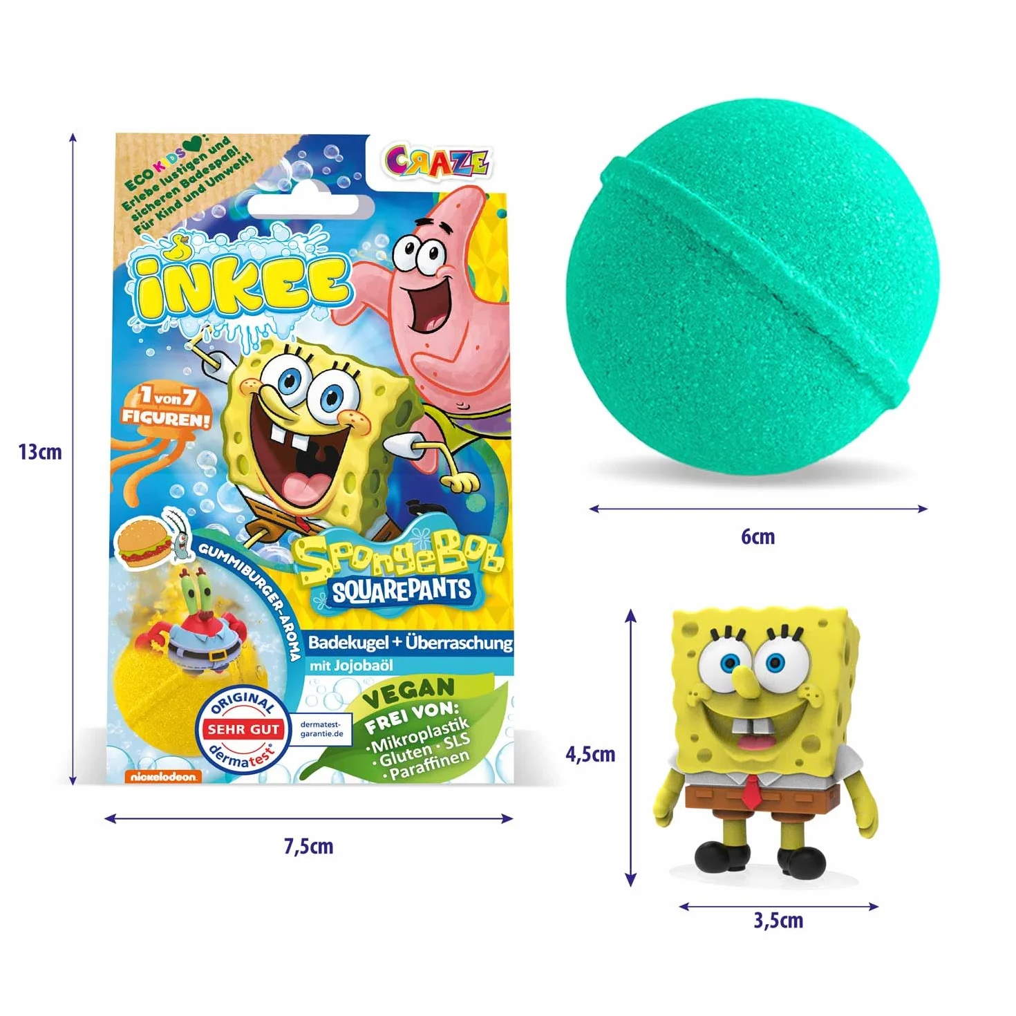 INKEE SpongeBob Bomba do Kąpieli dla Dzieci z Niespodzianką Figurki Kula 80g Aromat Burger-Gumy Olej Jojoba Turkusowa Żółta