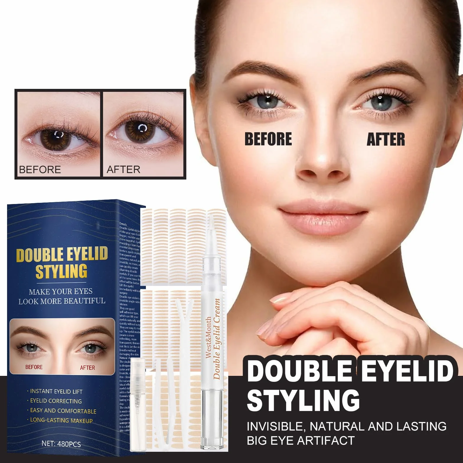 Podwójna taśma do powiek, podwójna taśma do powiek, niewidoczna taśma do powiek, eyelid glue, eyelid, idealna do Hooded, Droopy Eyelid, Uneven, Mono-powiek (480 sztuk)